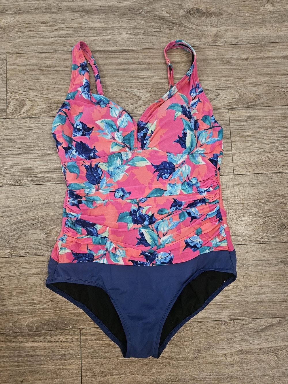 Floral Pink & Blue Ruched One-Piece Swimsuit Size 12